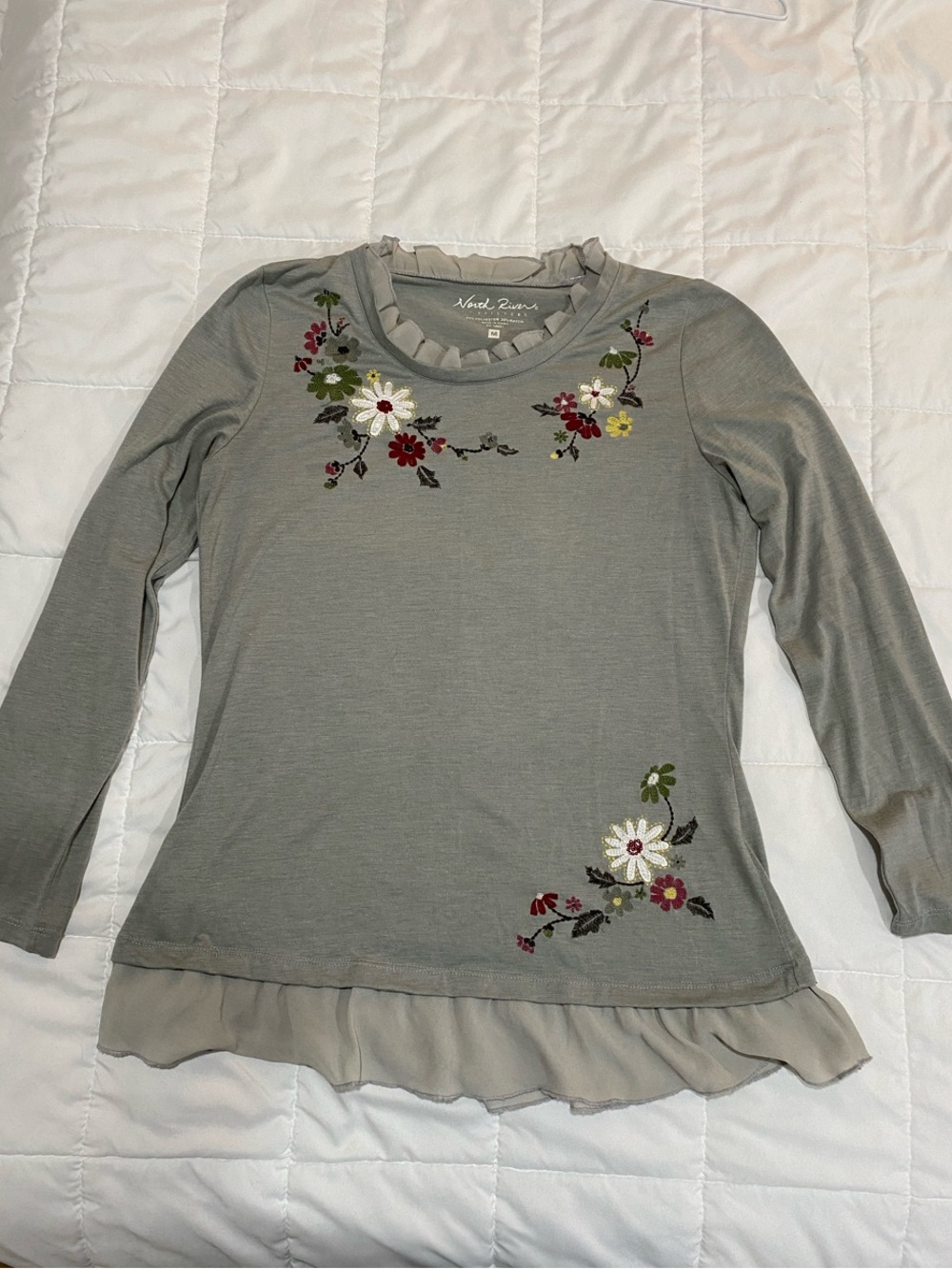 North River Gray Floral Ruffle Long-Sleeve Tee